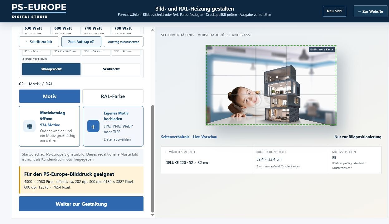Design Studio: Ausschnitt platzieren und Ausführung (Bilddruck oder RAL-Farbe) festlegen.